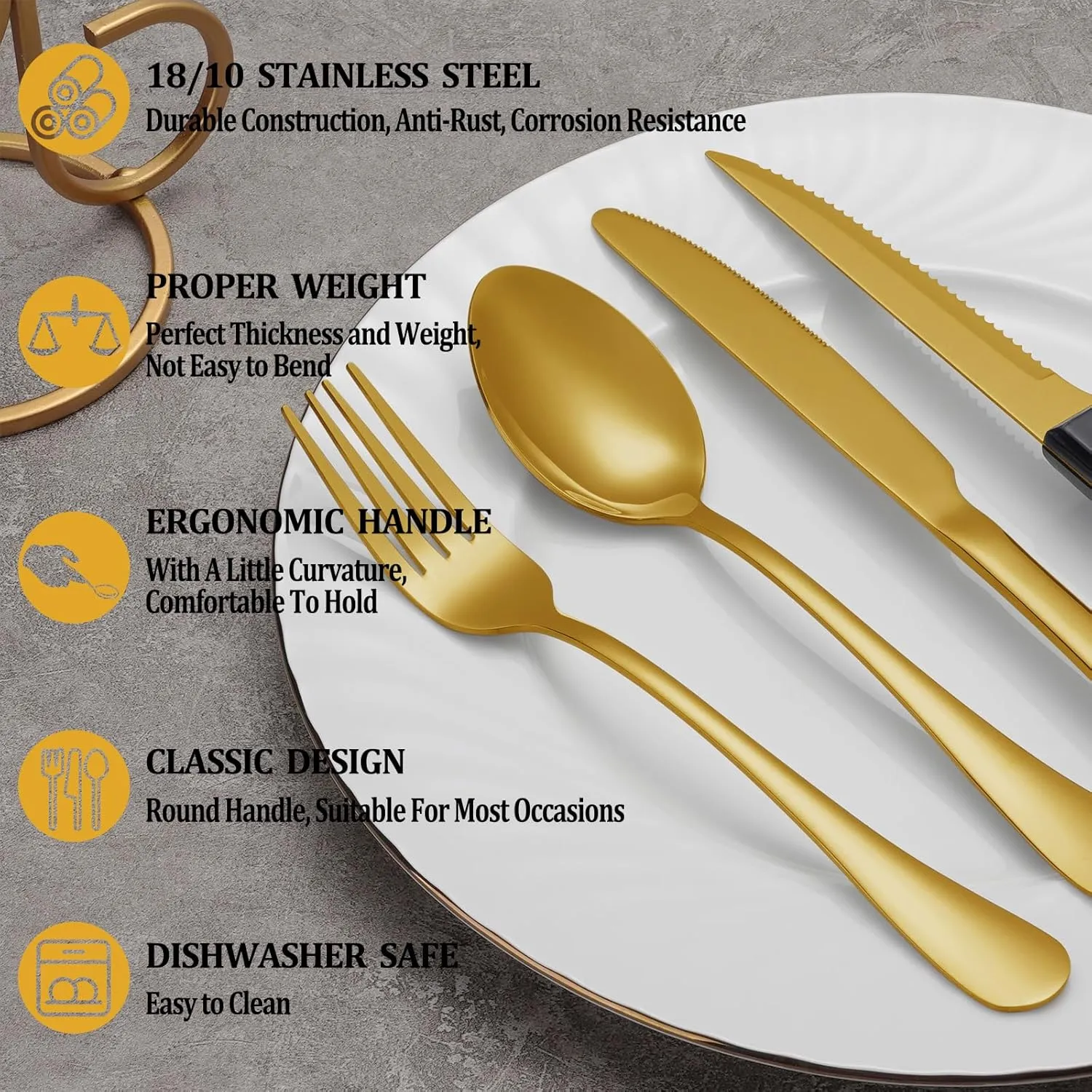 48 Pcs Gold Silverware Set with Steak Knives, Stainless Steel Flatware Cutlery Set Service for 8, Kitchen Tableware Sets, Utensil Sets for Home and Restaurant, Knives Forks Spoon, Dishwasher Safe