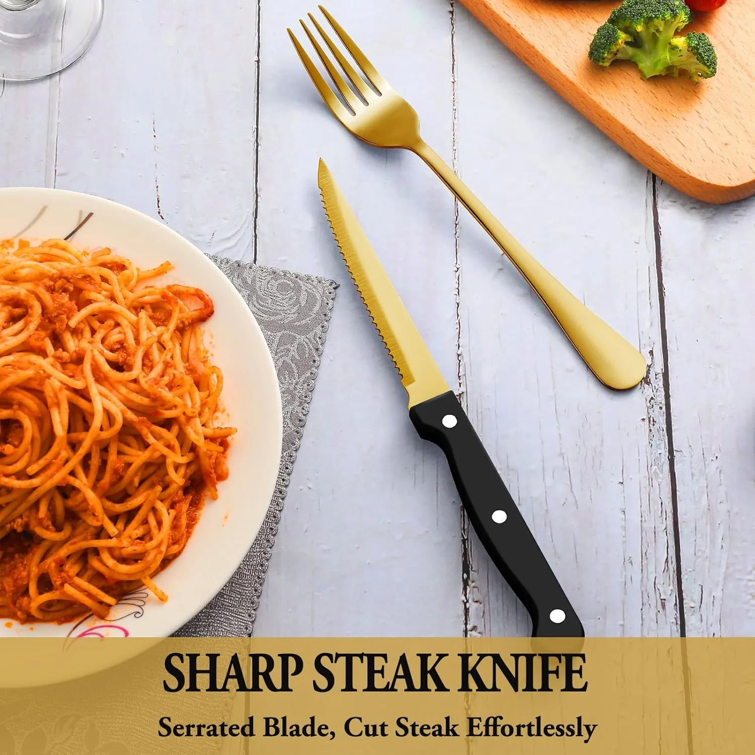 48 Pcs Gold Silverware Set with Steak Knives, Stainless Steel Flatware Cutlery Set Service for 8, Kitchen Tableware Sets, Utensil Sets for Home and Restaurant, Knives Forks Spoon, Dishwasher Safe