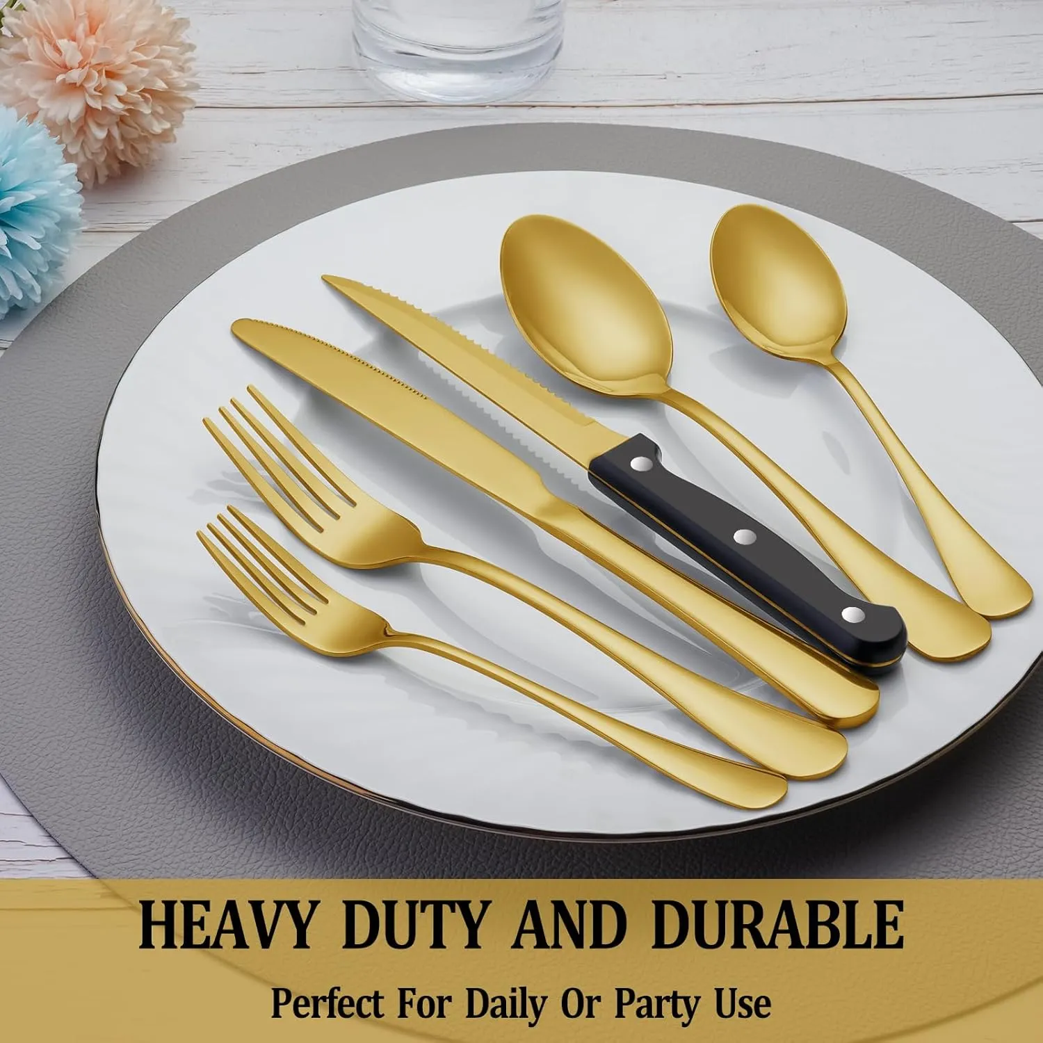 48 Pcs Gold Silverware Set with Steak Knives, Stainless Steel Flatware Cutlery Set Service for 8, Kitchen Tableware Sets, Utensil Sets for Home and Restaurant, Knives Forks Spoon, Dishwasher Safe