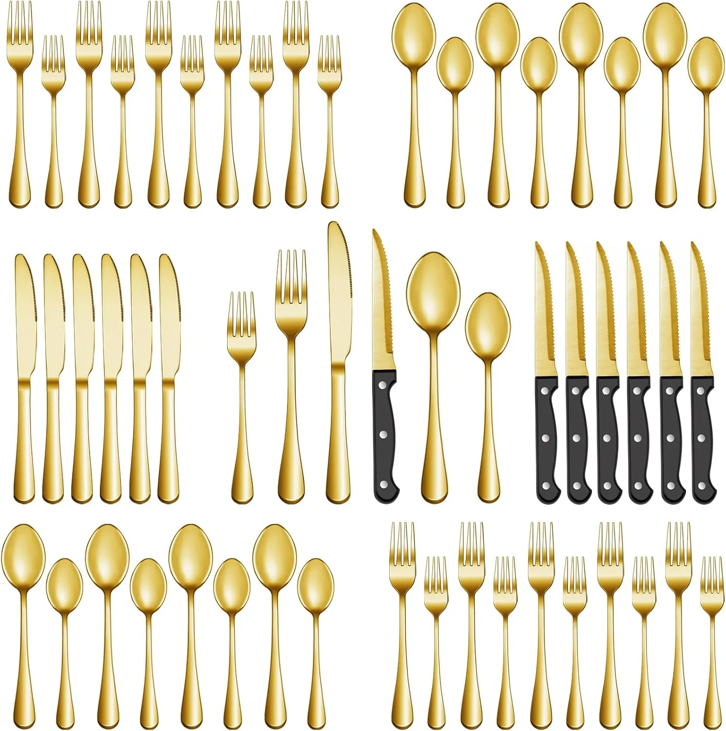 48 Pcs Gold Silverware Set with Steak Knives, Stainless Steel Flatware Cutlery Set Service for 8, Kitchen Tableware Sets, Utensil Sets for Home and Restaurant, Knives Forks Spoon, Dishwasher Safe