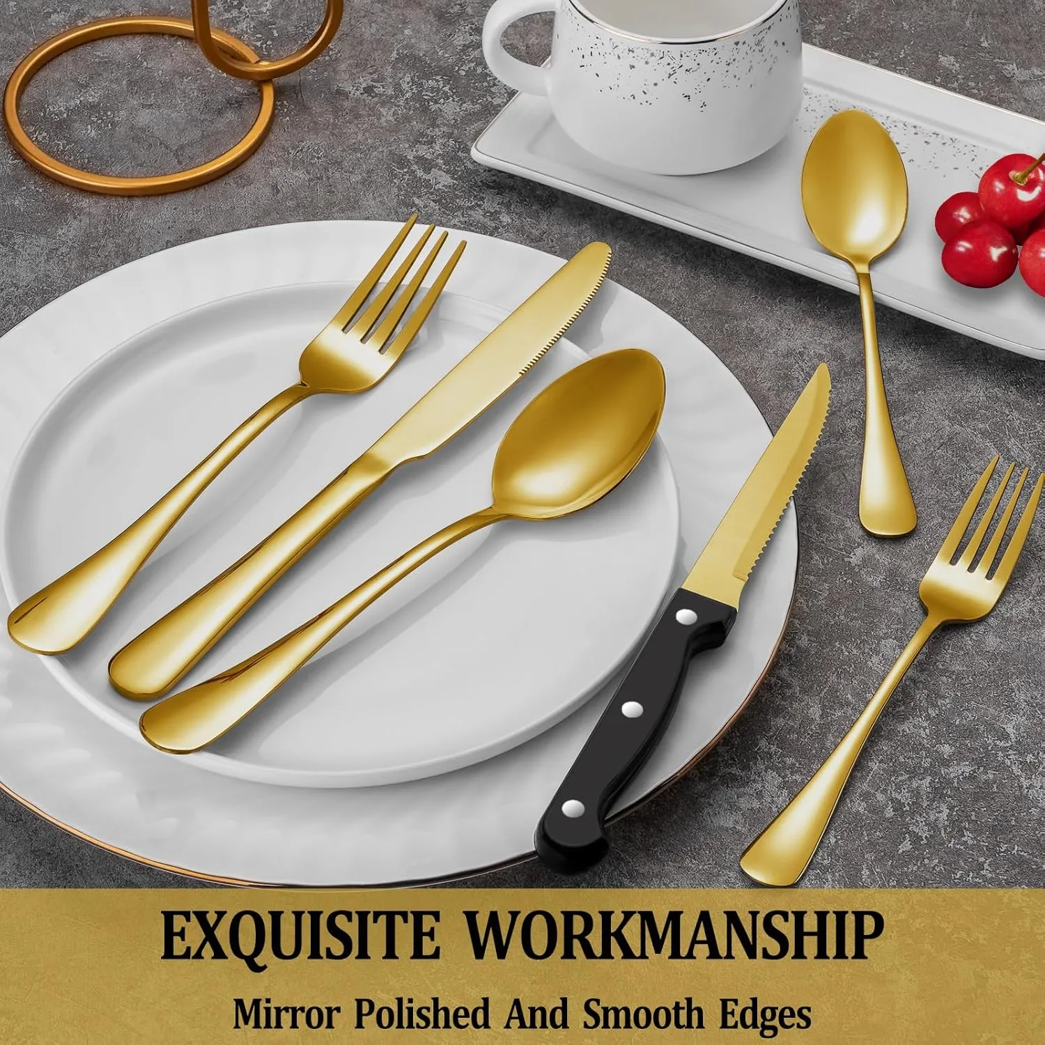 48 Pcs Gold Silverware Set with Steak Knives, Stainless Steel Flatware Cutlery Set Service for 8, Kitchen Tableware Sets, Utensil Sets for Home and Restaurant, Knives Forks Spoon, Dishwasher Safe