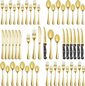 48 Pcs Gold Silverware Set with Steak Knives, Stainless Steel Flatware Cutlery Set Service for 8, Kitchen Tableware Sets, Utensil Sets for Home and Restaurant, Knives Forks Spoon, Dishwasher Safe