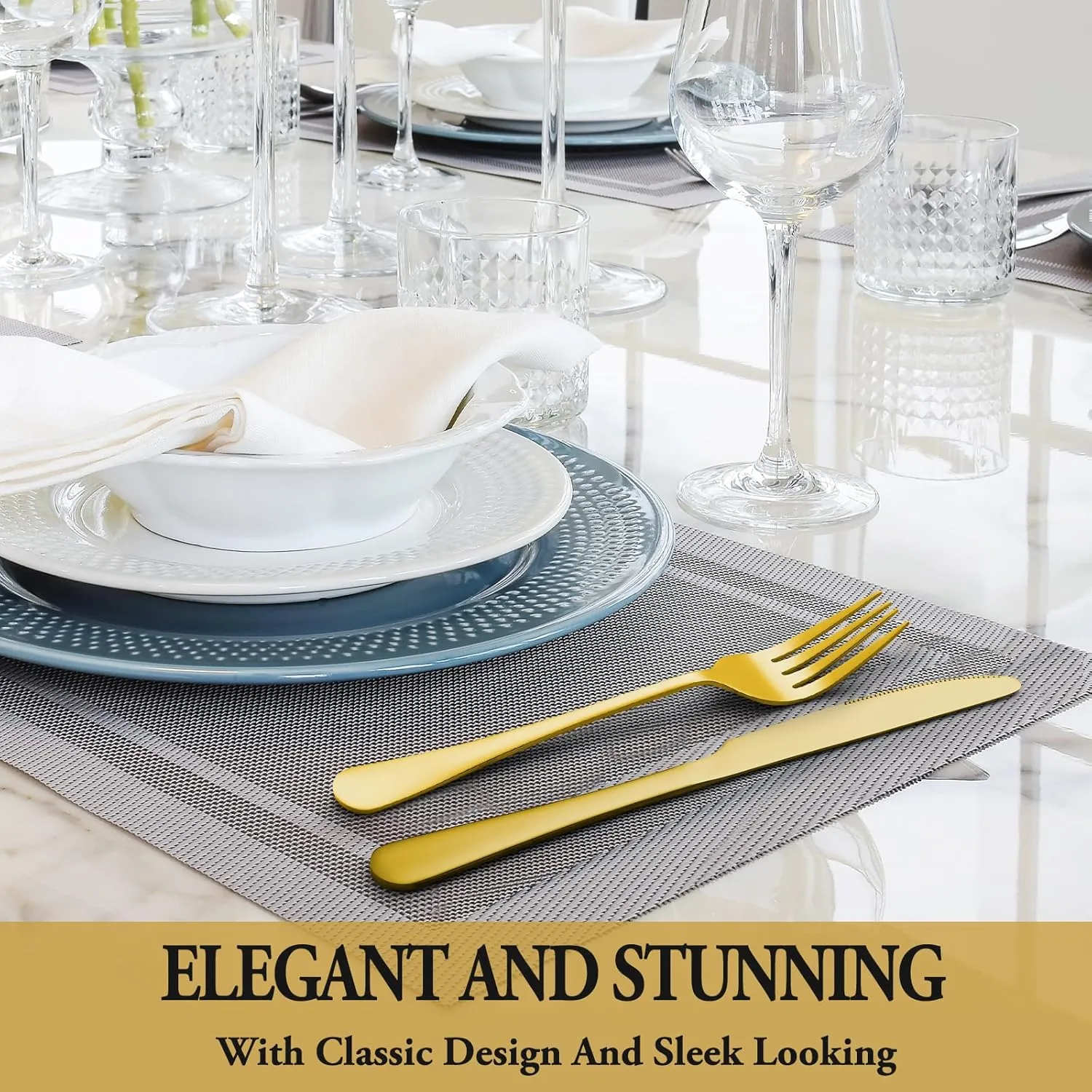 48 Pcs Gold Silverware Set with Steak Knives, Stainless Steel Flatware Cutlery Set Service for 8, Kitchen Tableware Sets, Utensil Sets for Home and Restaurant, Knives Forks Spoon, Dishwasher Safe