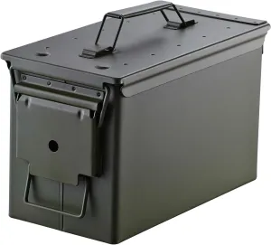 50 Cal Ammo Can Holder Box (Army Green) - Airtight & Watertight Metal Ammo Storage Box w/Hinged Lid, Locking Latch – Ideal Ammo Can Surplus for Firearms, Tactical Gear & Survival Supplies