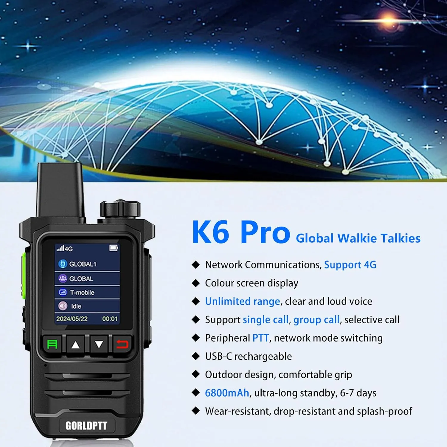 6-Pack Global Radios Walkie Talkies Unlimited Range Nationwide Source Factory R&D, Global 4G PTT Two Way Radio 5000 Miles Long Distance, 168-hour Battery Life & Rugged Rechargeable PoC Radios