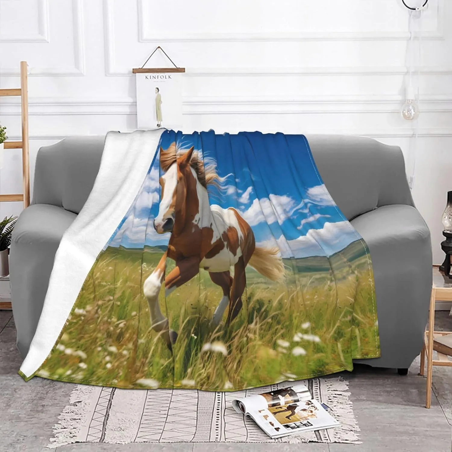 60 * 50 inch Soft Sofa Blanket for Sofa Camping Travel Night Cover, Horses on The Prairie Soft Fleece Blanket