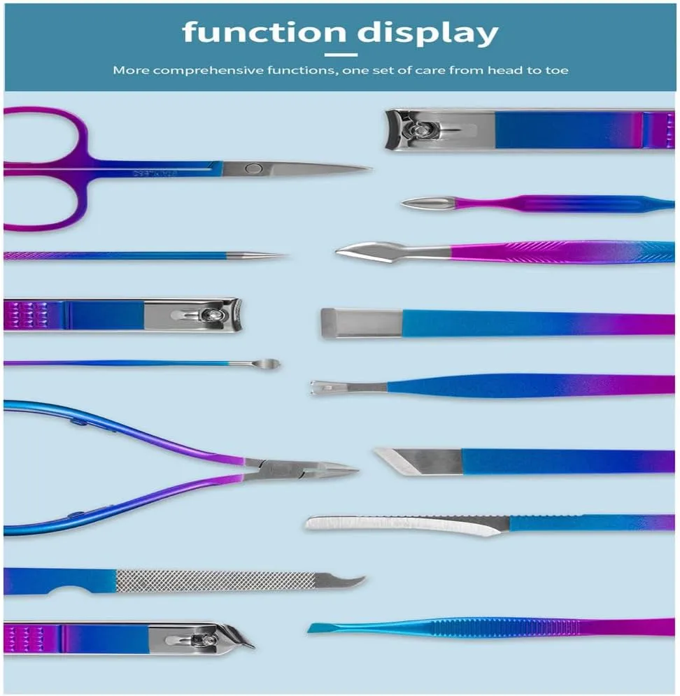 7-15pcs Colored Manicure Set Stainless Steel Eyebrow Repair and Beauty Nail Clippers Set Ear Spoon Pedicure Scissors Nail Tools,15pcs