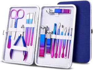 7-15pcs Colored Manicure Set Stainless Steel Eyebrow Repair and Beauty Nail Clippers Set Ear Spoon Pedicure Scissors Nail Tools,15pcs