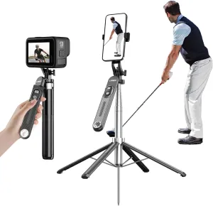 71" Phone Tripod with Stake, Portable Selfie Stick with Detachable Wireless Remote, 360° Rotatable Handle, Lightweight Tall Travel Tripod for Golf, Outdoor Use