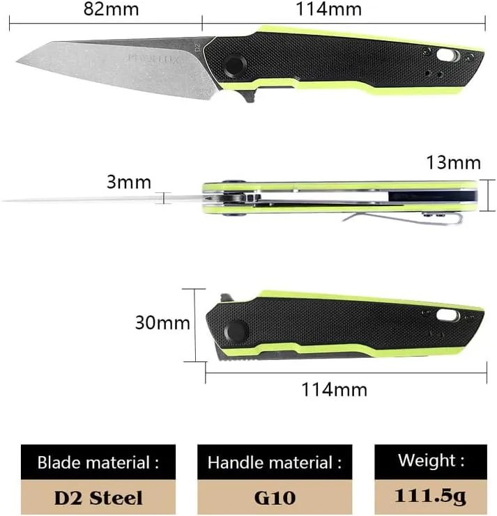 7.71" Pocket Folding Knife- D2 Blade and G10 Handle (Green Back) EDC Knife with Pocket Clip, Liner Lock, Nylon Bag and Gift Box, Good for Survival Camping, Outdoor, Hiking, Hunting