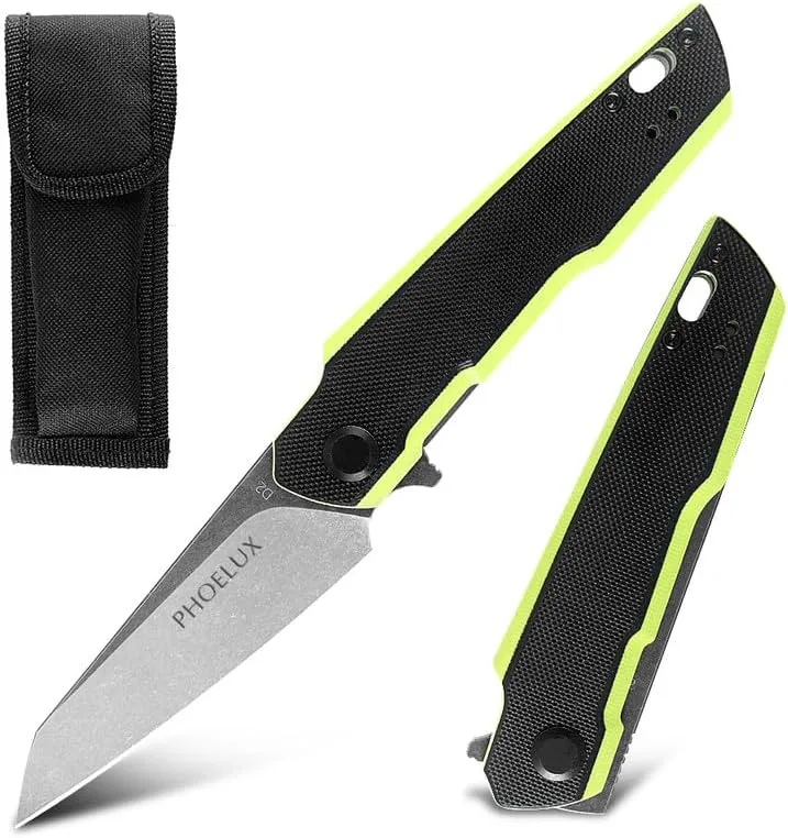 7.71" Pocket Folding Knife- D2 Blade and G10 Handle (Green Back) EDC Knife with Pocket Clip, Liner Lock, Nylon Bag and Gift Box, Good for Survival Camping, Outdoor, Hiking, Hunting