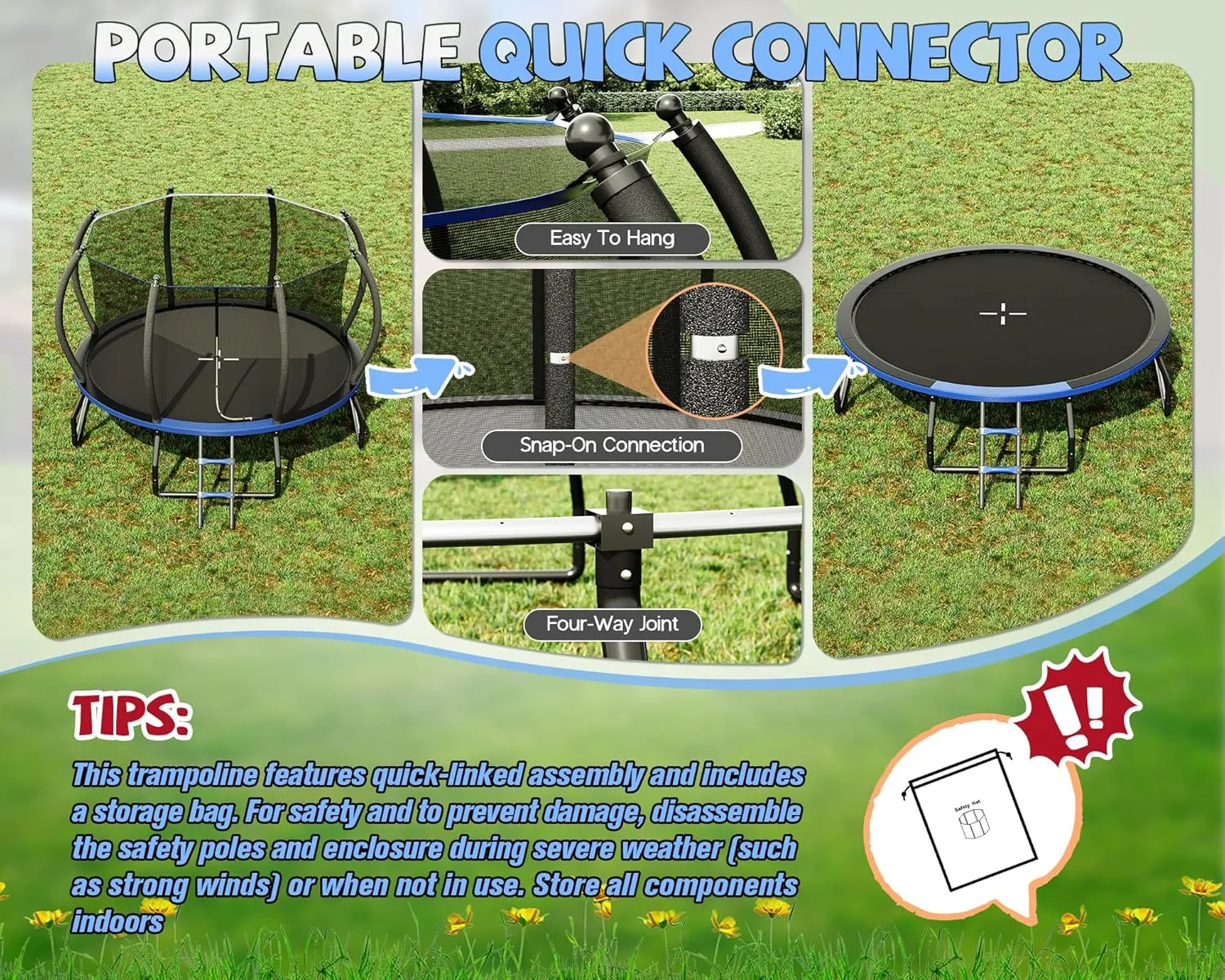 8FT 10FT 12FT 14FT 16FT Outdoor Trampoline with Enclosure Net and Ladder, Recreational Trampolines for Kids and Adults, Quick Connect Frame, ASTM Approval