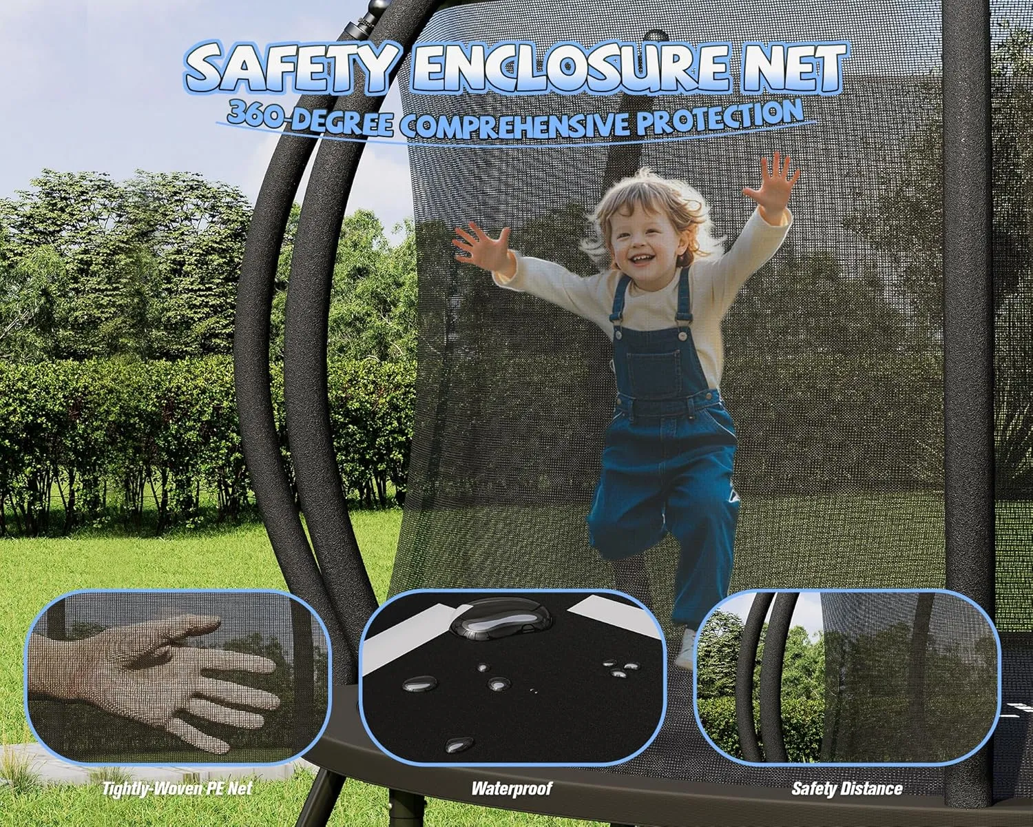 8FT 10FT 12FT 14FT 16FT Outdoor Trampoline with Enclosure Net and Ladder, Recreational Trampolines for Kids and Adults, Quick Connect Frame, ASTM Approval