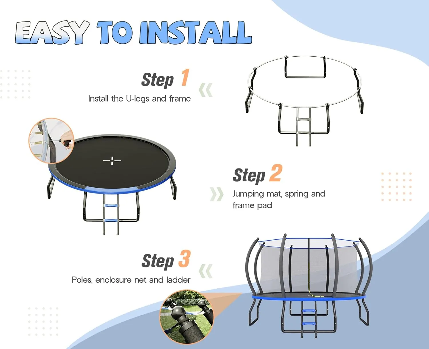 8FT 10FT 12FT 14FT 16FT Outdoor Trampoline with Enclosure Net and Ladder, Recreational Trampolines for Kids and Adults, Quick Connect Frame, ASTM Approval