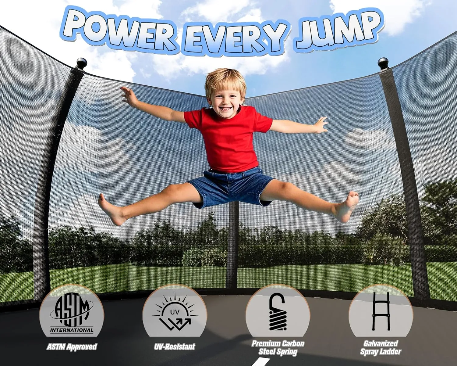 8FT 10FT 12FT 14FT 16FT Outdoor Trampoline with Enclosure Net and Ladder, Recreational Trampolines for Kids and Adults, Quick Connect Frame, ASTM Approval