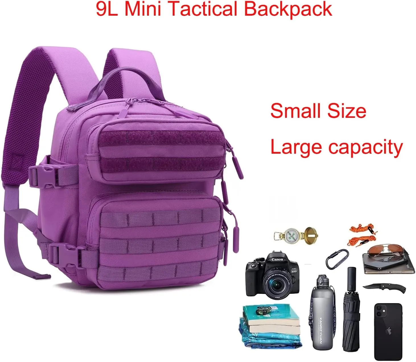 9L Mini Tactical Backpack Men Women Small Assault Rucksack Water-proof GYM Hiking Bug Out Bag with molle attachments (Purple)