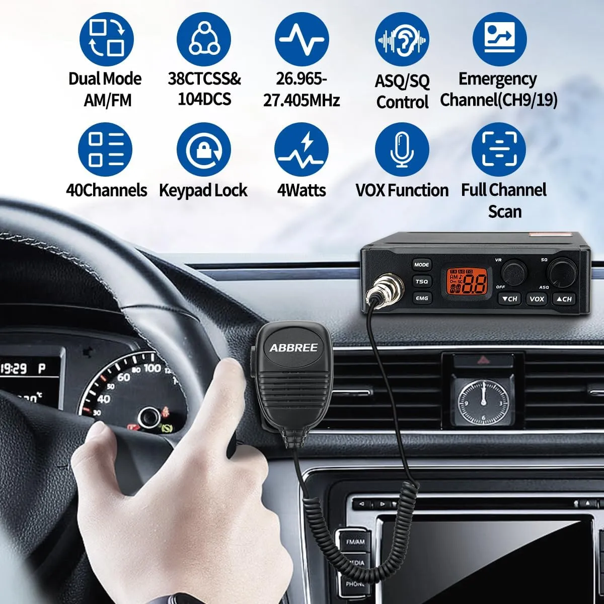 ABBREE CB Radio with Magnetic Mount Antenna for Truckers Long Range AM FM Professional CB Radios,Compact Design,Instant Emergency Channel 9/19,Full 40 Channels,Handheld Mic,LCD Display,VOX
