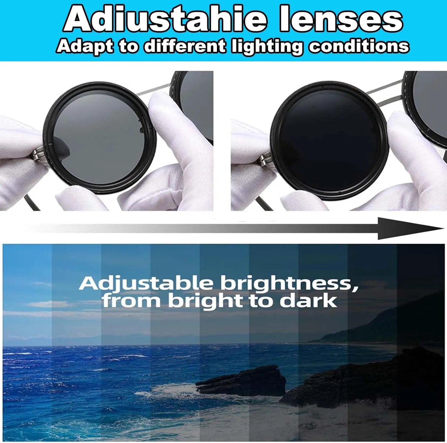 Adjustable Sunglasses, 1-9 Gears Adjustable Rounded Tint Sunglasses, Polarized Glasses with Nd Filter Lenses for Men(Black Silver,52mm)