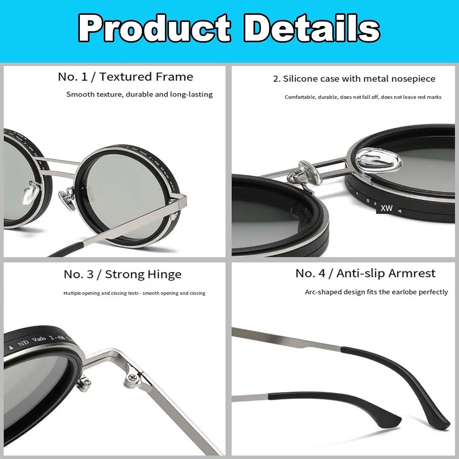 Adjustable Sunglasses, 1-9 Gears Adjustable Rounded Tint Sunglasses, Polarized Glasses with Nd Filter Lenses for Men(Black Silver,52mm)
