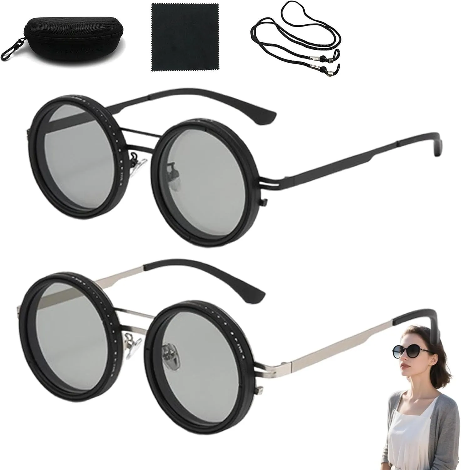 Adjustable Sunglasses, 1-9 Gears Adjustable Rounded Tint Sunglasses, Polarized Glasses with Nd Filter Lenses for Men(Black Silver,52mm)