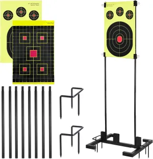 Adjustable Target Stand Set with 10 Paper Targets, Two Mounting Options for Outdoor Shooting, Stable Holder with Metal Poles and Ground Nails