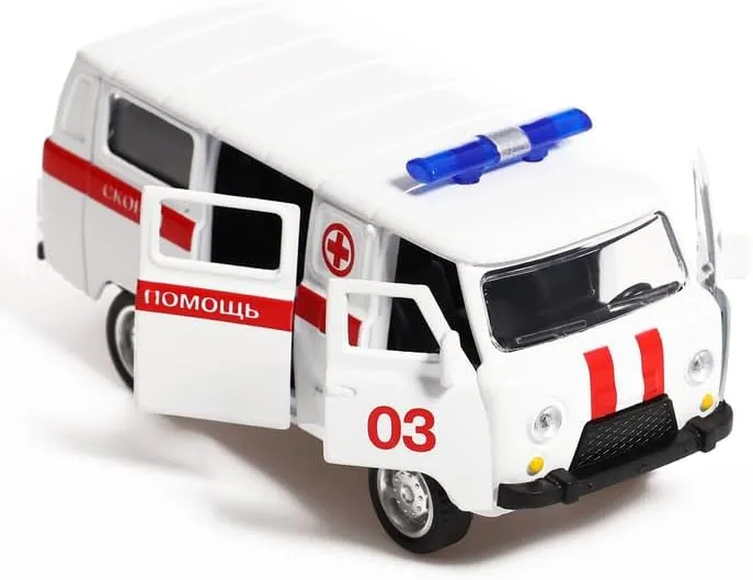 AEVVV Russian UAZ-3962 Ambulance Model 1:43 Scale White Metal Minibus Transport Inertia Mechanism Collectible Replica