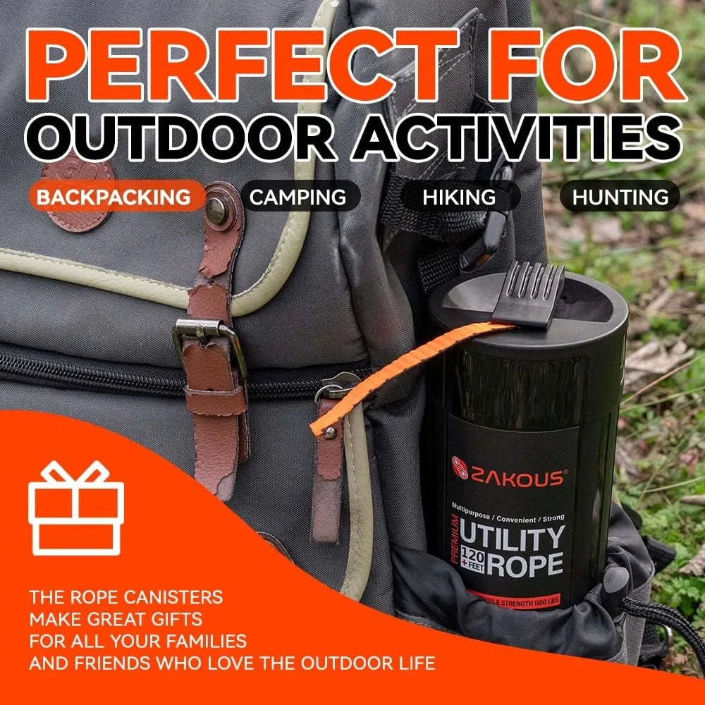 All Purpose Utility Rope Canister, 120 Feet 1100lb Strengh, 100% Nylon Rope Truck Car Vehicle Use - Versatile Usage for Camping Essentials, Hunting, Emergency Preparedness, Tow