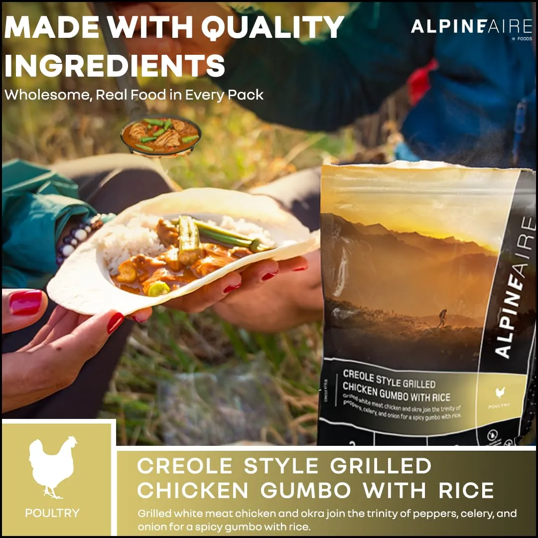 AlpineAire Foods Creole Style Grilled Chicken Gumbo with Rice 5.43 Oz Spicy and Flavorful Ready to Eat Meal 2 Servings, 540 Calories for Camping and Emergency Preparedness Made in USA Pack of 1