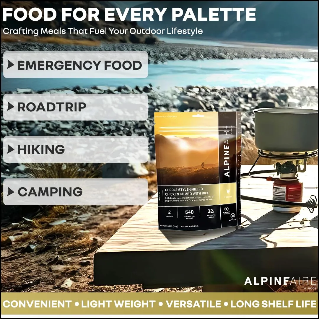 AlpineAire Foods Creole Style Grilled Chicken Gumbo with Rice 5.43 Oz Spicy and Flavorful Ready to Eat Meal 2 Servings, 540 Calories for Camping and Emergency Preparedness Made in USA Pack of 1