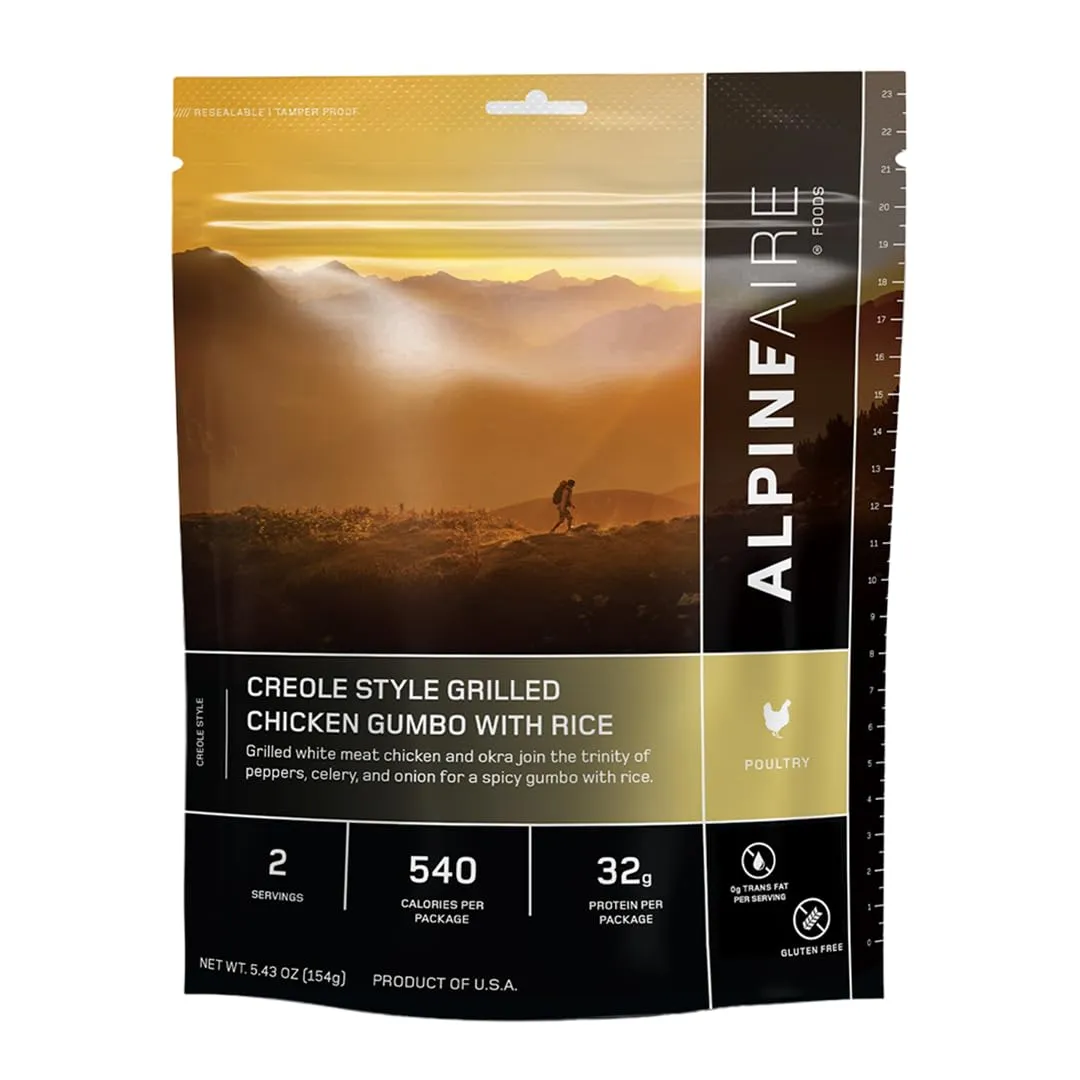 AlpineAire Foods Creole Style Grilled Chicken Gumbo with Rice 5.43 Oz Spicy and Flavorful Ready to Eat Meal 2 Servings, 540 Calories for Camping and Emergency Preparedness Made in USA Pack of 1