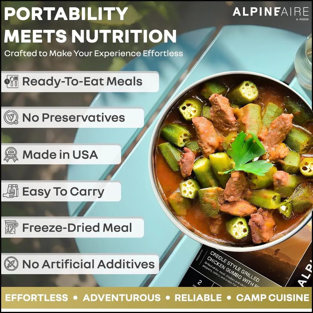 AlpineAire Foods Creole Style Grilled Chicken Gumbo with Rice 5.43 Oz Spicy and Flavorful Ready to Eat Meal 2 Servings, 540 Calories for Camping and Emergency Preparedness Made in USA Pack of 1