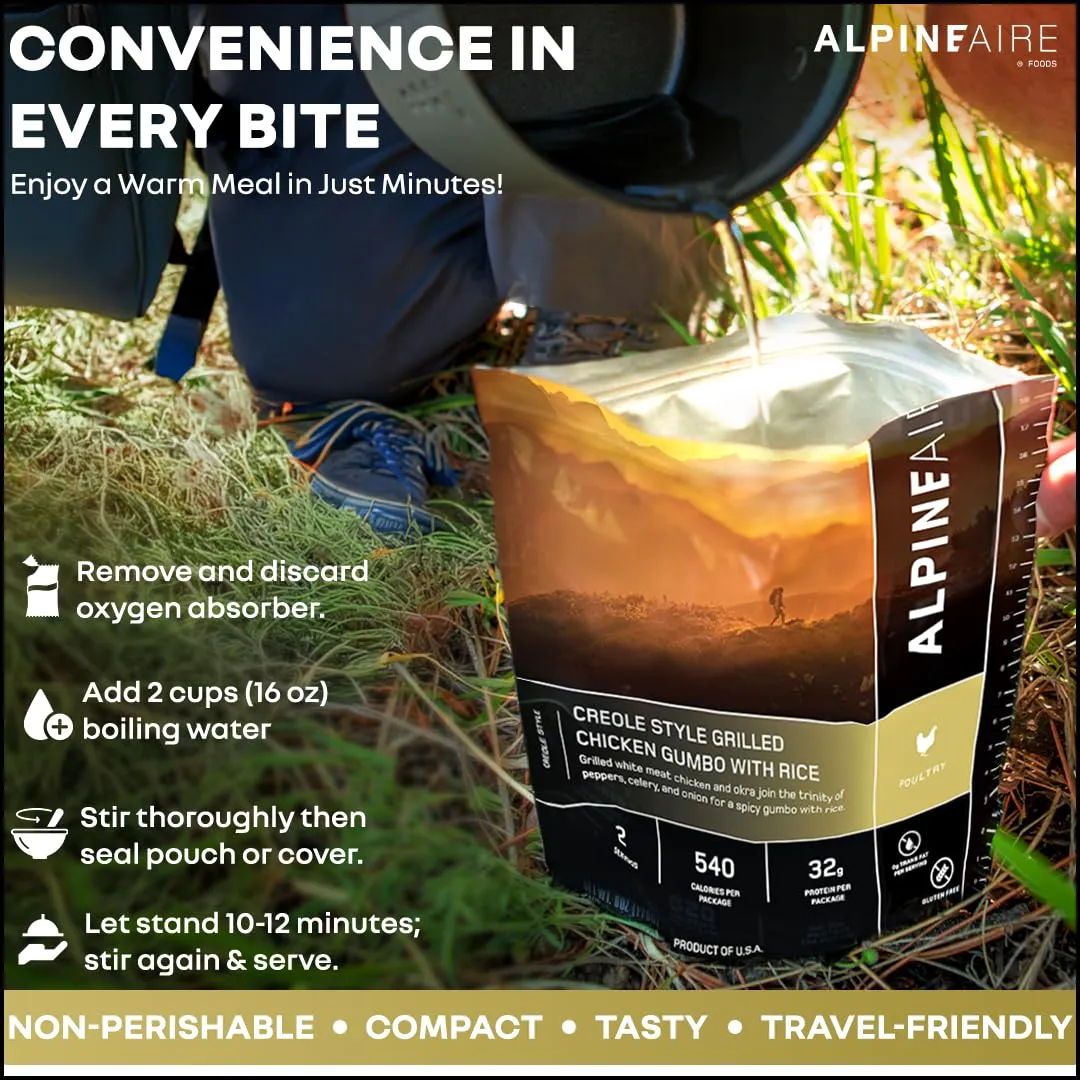 AlpineAire Foods Creole Style Grilled Chicken Gumbo with Rice 5.43 Oz Spicy and Flavorful Ready to Eat Meal 2 Servings, 540 Calories for Camping and Emergency Preparedness Made in USA Pack of 1