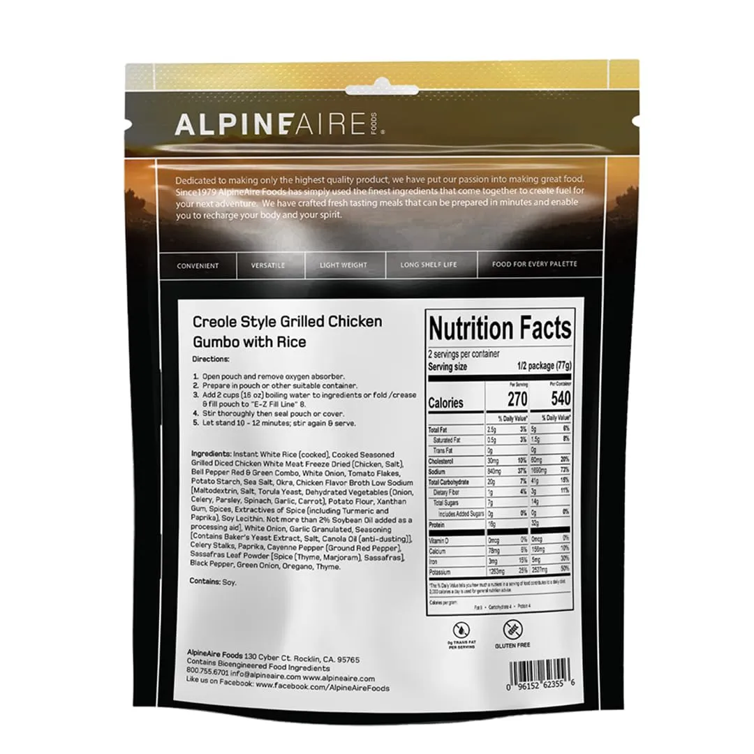 AlpineAire Foods Creole Style Grilled Chicken Gumbo with Rice 5.43 Oz Spicy and Flavorful Ready to Eat Meal 2 Servings, 540 Calories for Camping and Emergency Preparedness Made in USA Pack of 1
