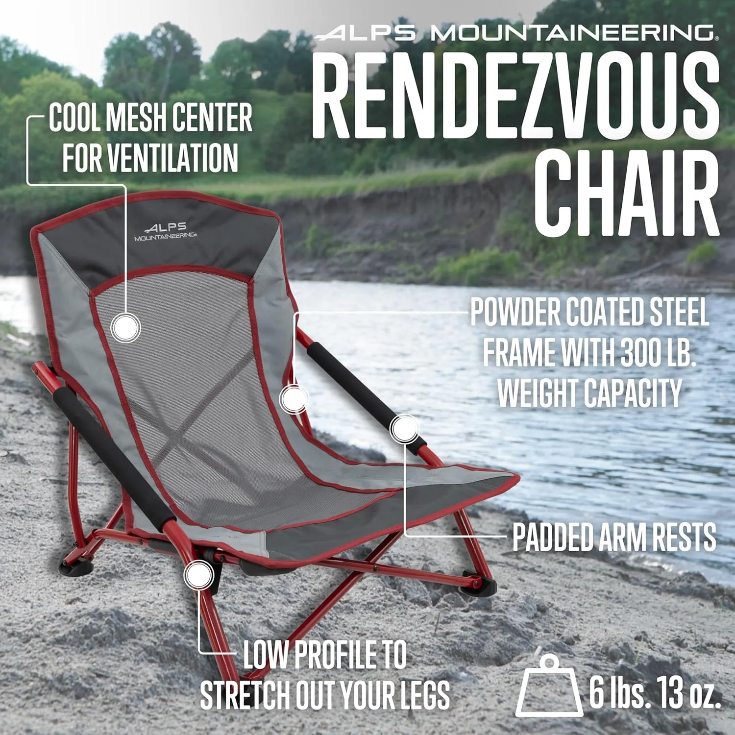 ALPS Mountaineering Rendezvous Low Camping Chairs for Adults with Arms, Cool Mesh Center, Powder Coated Steel Frame, Compact Folding Design and Carry Bag