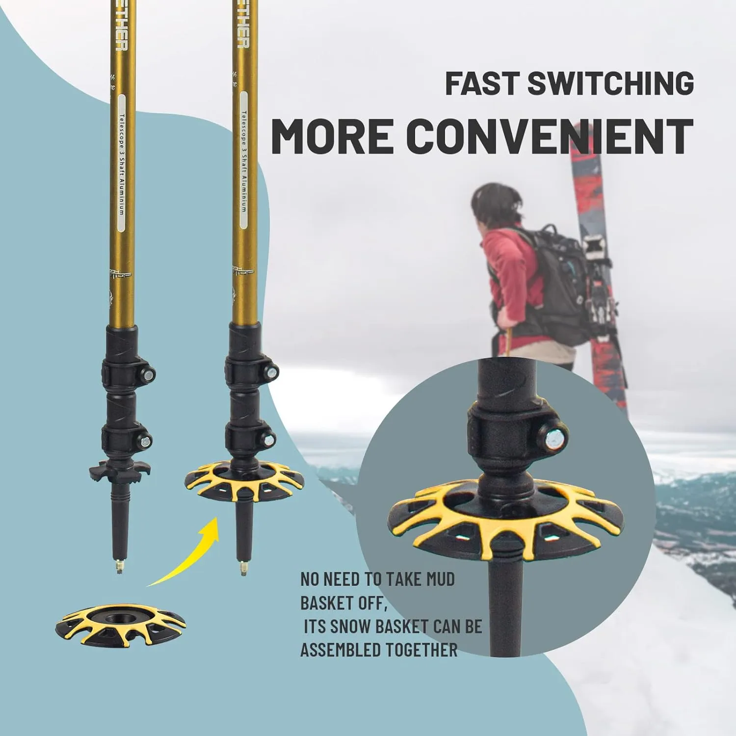 Aluminum Trekking Poles - Quick Adjustable Locks, Comfort Handle, Padded Strap, Snow Baskets - Walking Sticks Suitable for Hiking, Walking