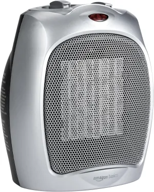 Amazon Basics Ceramic Space Heater, Portable Indoor Heating Solution, With Overheat and Tip-Over Protection, Thermostat, Non-Oscillating, 1500W, 7.52"D x 6.34"W x 9.45"H, Silver