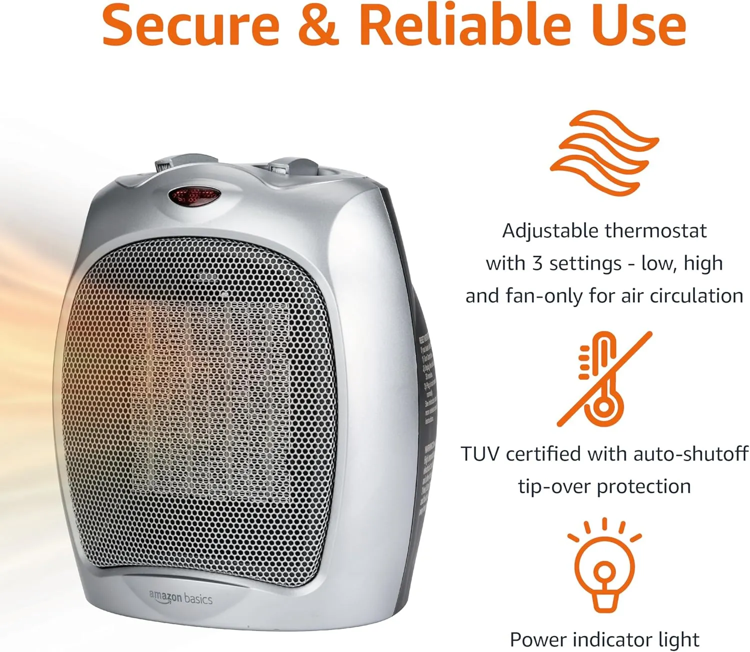 Amazon Basics Ceramic Space Heater, Portable Indoor Heating Solution, With Overheat and Tip-Over Protection, Thermostat, Non-Oscillating, 1500W, 7.52"D x 6.34"W x 9.45"H, Silver