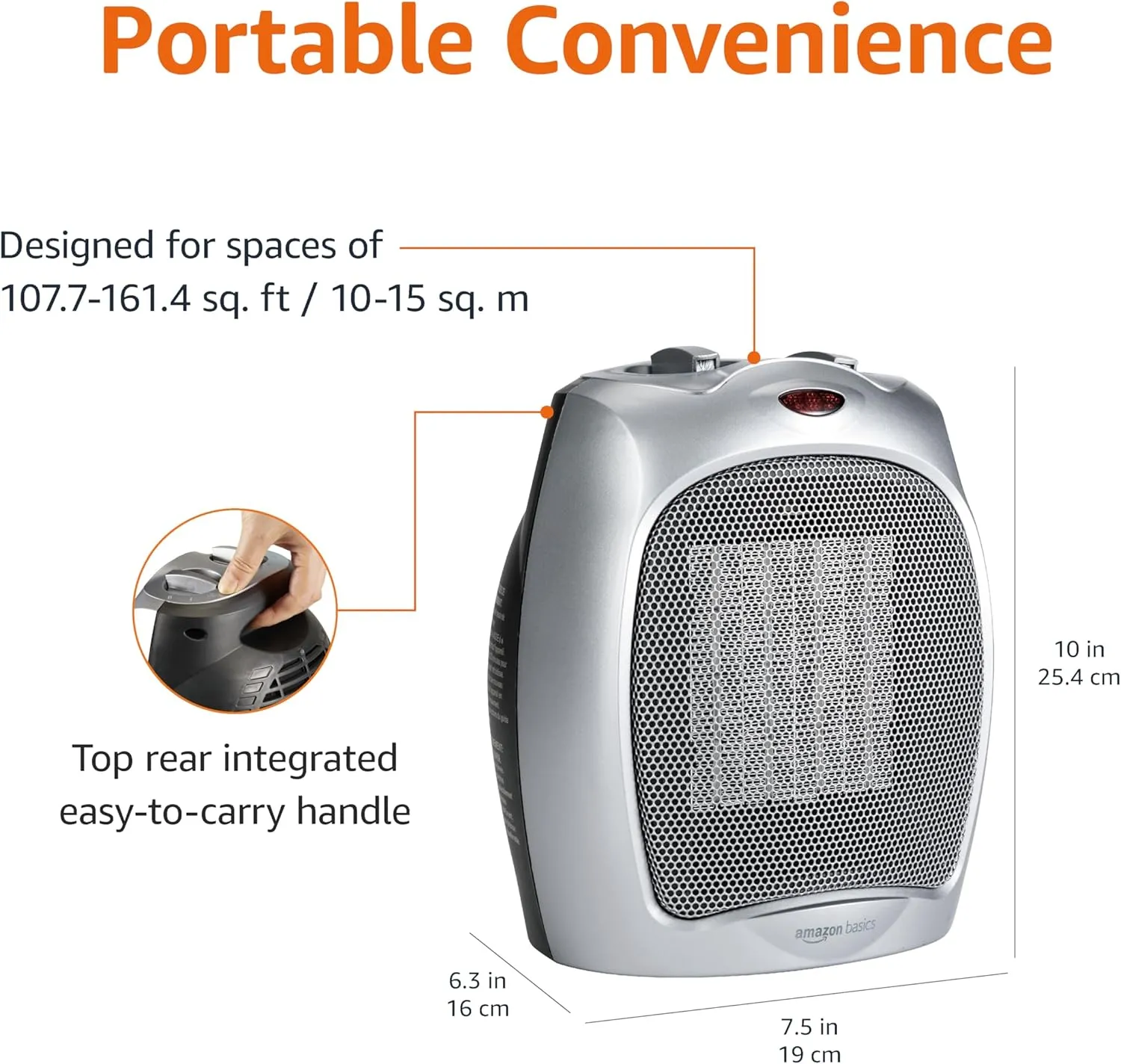 Amazon Basics Ceramic Space Heater, Portable Indoor Heating Solution, With Overheat and Tip-Over Protection, Thermostat, Non-Oscillating, 1500W, 7.52"D x 6.34"W x 9.45"H, Silver