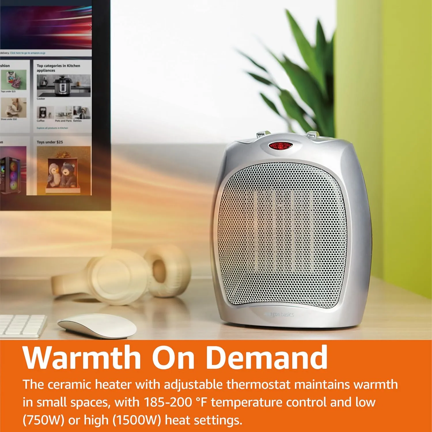 Amazon Basics Ceramic Space Heater, Portable Indoor Heating Solution, With Overheat and Tip-Over Protection, Thermostat, Non-Oscillating, 1500W, 7.52"D x 6.34"W x 9.45"H, Silver