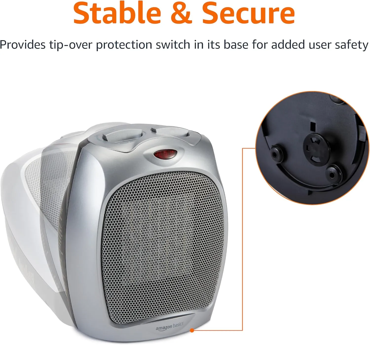 Amazon Basics Ceramic Space Heater, Portable Indoor Heating Solution, With Overheat and Tip-Over Protection, Thermostat, Non-Oscillating, 1500W, 7.52"D x 6.34"W x 9.45"H, Silver