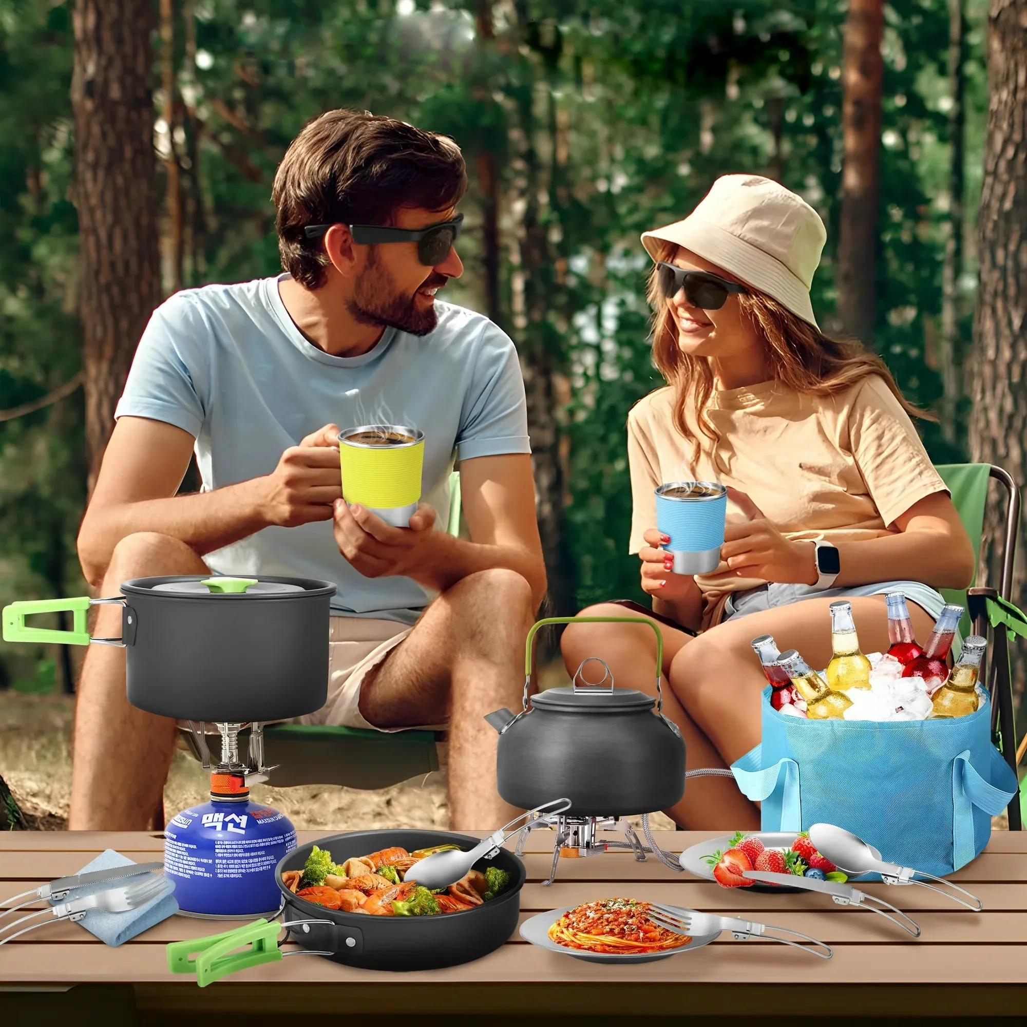 AMTPM 22pcs Camping Cookware Set, Camping Mess Kit with Folding Camping Stove Collapsible Bucket Aluminum Pot Pan for Outdoor Camping Hiking Backpacking Picnic