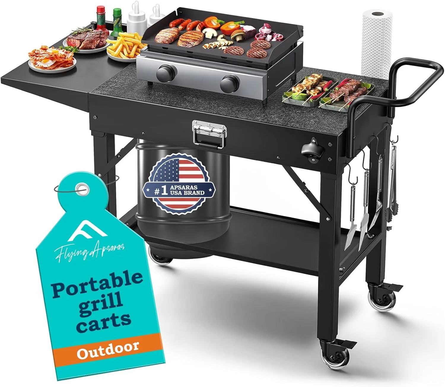 APSARAS USA Grill Cart for Blackstone Griddle, Portable Outdoor Grill Cart, Foldable Cart Table with Wheels,Griddle Stand Fit 17 Inch Or 22 Inch with Seasoning Tray 31" Wx17 D