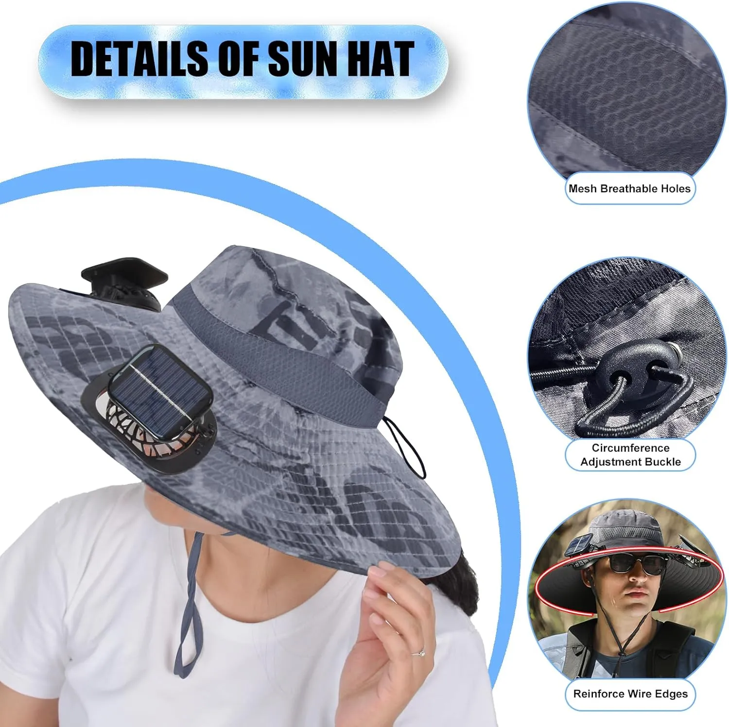 ayamaya Solar Fan Sun Hat, Widen Brim Outdoor Fishing Men Hat with 2 Fans, Adjsutable 180°Rotating Fan Cooling UPF 50  Hat