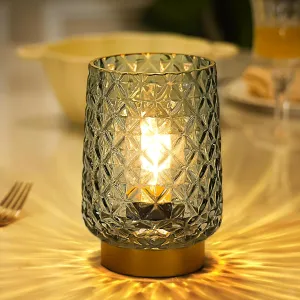 Battery Operated Table Lamps Timer Mothers Day Gifts Decorative LED Lamp, Cordless lamp for No Outlet Areas, Hand-drawn Diamond Pattern, Glass Mood Light for Entryway, Bedroom, Bathroom(Green)