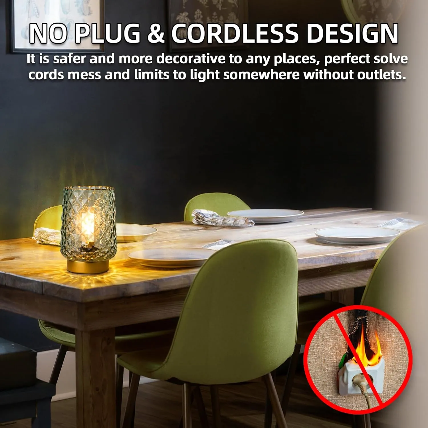 Battery Operated Table Lamps Timer Mothers Day Gifts Decorative LED Lamp, Cordless lamp for No Outlet Areas, Hand-drawn Diamond Pattern, Glass Mood Light for Entryway, Bedroom, Bathroom(Green)