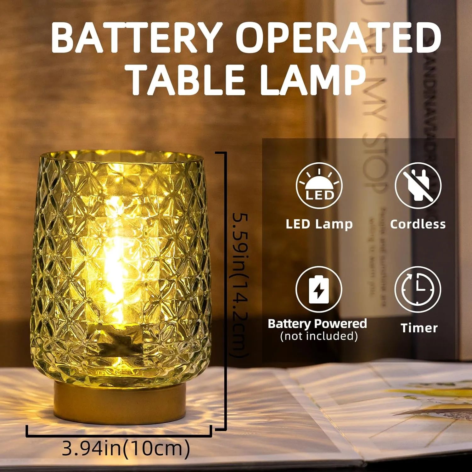 Battery Operated Table Lamps Timer Mothers Day Gifts Decorative LED Lamp, Cordless lamp for No Outlet Areas, Hand-drawn Diamond Pattern, Glass Mood Light for Entryway, Bedroom, Bathroom(Green)
