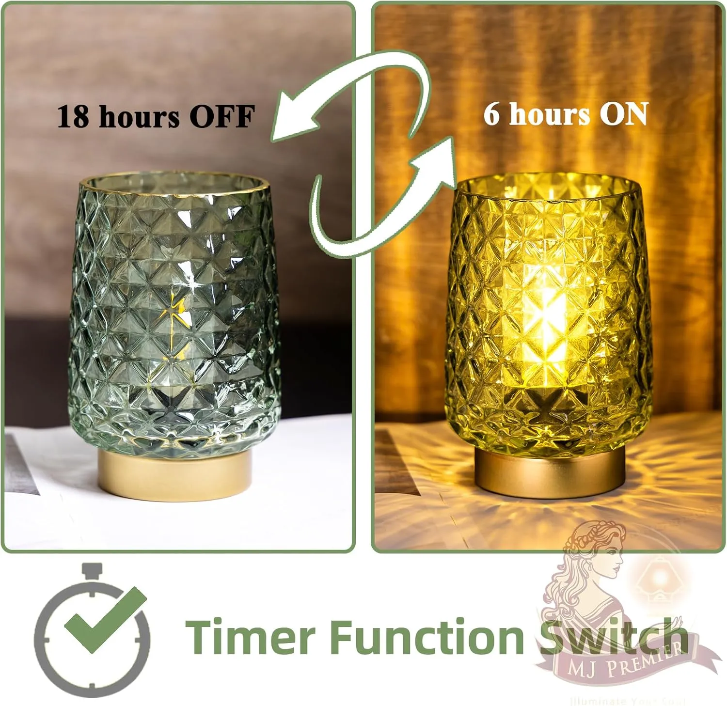 Battery Operated Table Lamps Timer Mothers Day Gifts Decorative LED Lamp, Cordless lamp for No Outlet Areas, Hand-drawn Diamond Pattern, Glass Mood Light for Entryway, Bedroom, Bathroom(Green)
