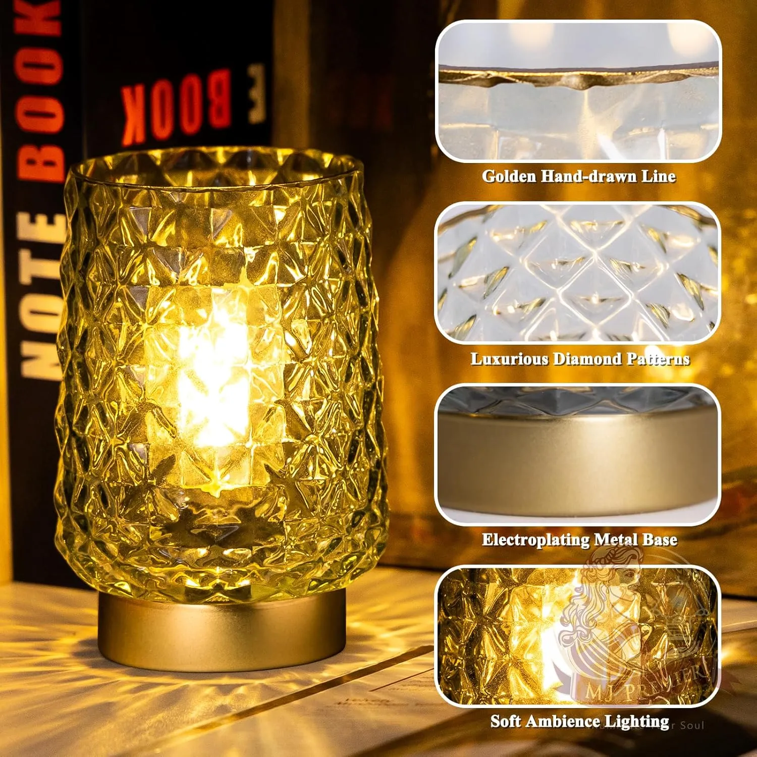 Battery Operated Table Lamps Timer Mothers Day Gifts Decorative LED Lamp, Cordless lamp for No Outlet Areas, Hand-drawn Diamond Pattern, Glass Mood Light for Entryway, Bedroom, Bathroom(Green)