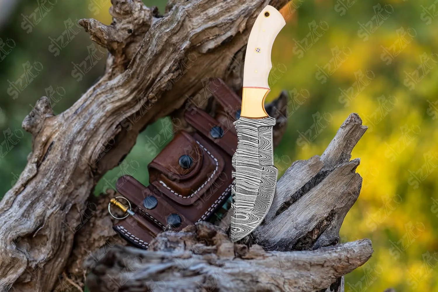 Beautiful Custom Handmade 10" Damascus Steel Tracker Knife with Bone Handle - Fixed Blade Hunting & Survival Knife - Horizontal Carry Sheath - Bushcraft EDC for Camping & Outdoors