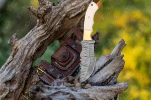 Beautiful Custom Handmade 10" Damascus Steel Tracker Knife with Bone Handle - Fixed Blade Hunting & Survival Knife - Horizontal Carry Sheath - Bushcraft EDC for Camping & Outdoors